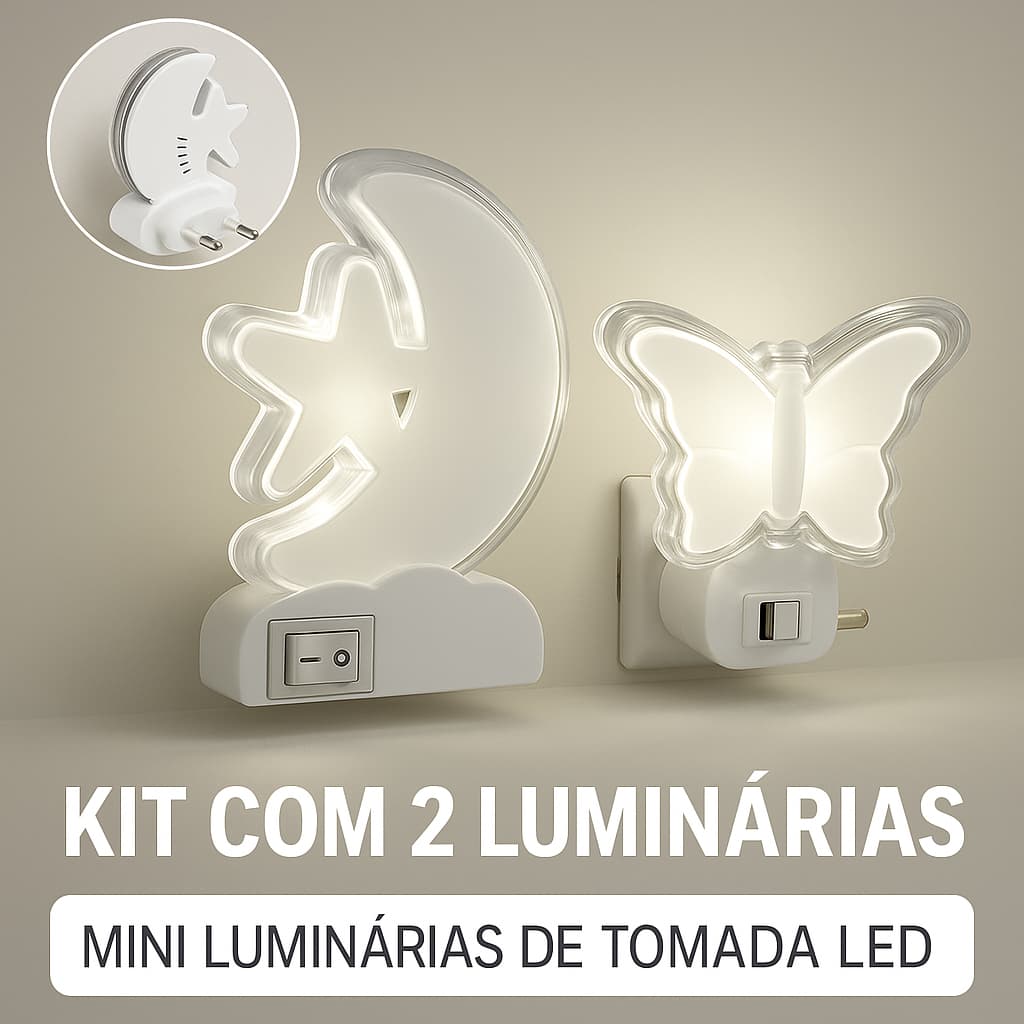 1/2 ou 3 Mini Luminárias LED Lua Estrela e Borboleta Bivolt – Abajur Tomada Quarto Criança Suave