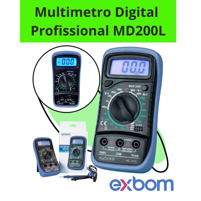 Multímetro Profissional com Bipe Portátil Digital LCD 3 ½ Led  com Iluminação/Fusível MD200L Exbom
