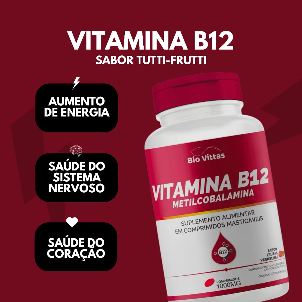 Vitamina B12 Metilcobalamina 1000mcg 120 Comprimidos Mastigáveis Bio Vittas – Energia, Sistema Nervoso e Imunidade