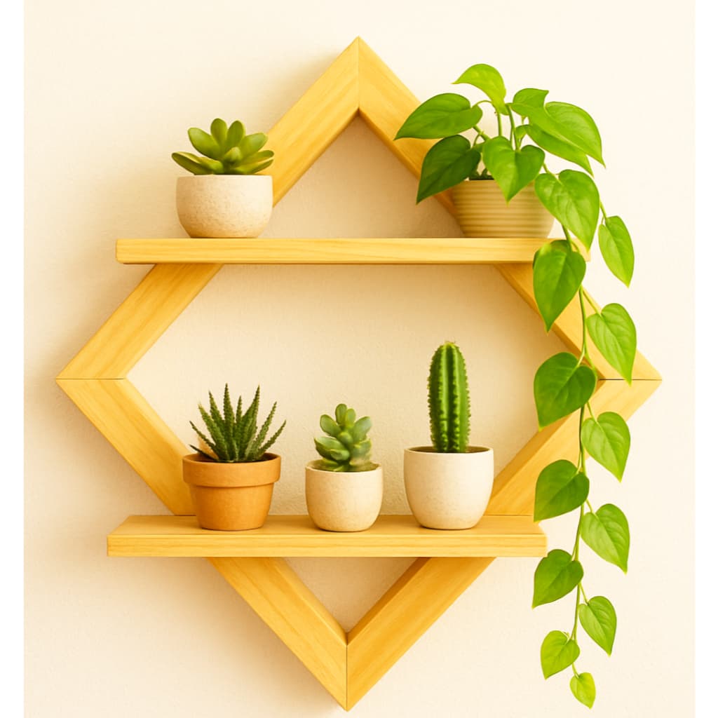 Prateleira de parede Quadro prateleira nicho decorativo losango Organizador 39 natural suporte para vaso de plantas