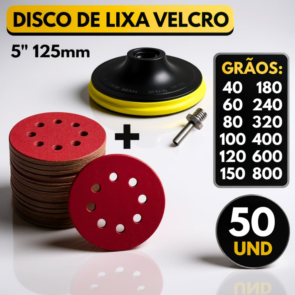 Kit Base Suporte Disco 125mm + 50 Lixas 8 Furos Com Velcro 5" Furadeira Esmerilhadeira