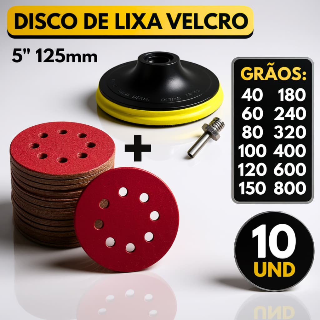 Kit Base Suporte Disco 125mm + 10 Lixas 8 Furos Com Velcro 5" Furadeira Esmerilhadeira