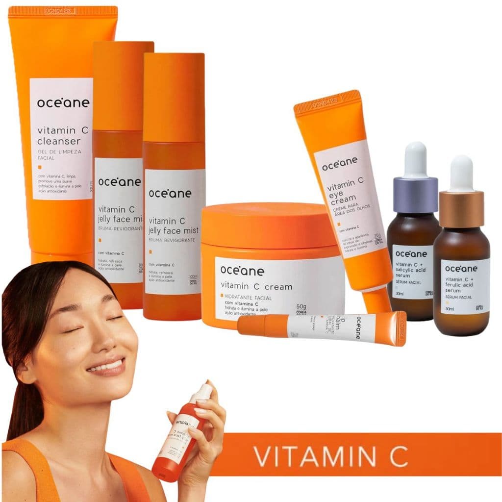 Vitamina C Océane Skincare Completo com Antioxidantes Sérum, Creme, Limpeza, Tônico, Bruma e Mais