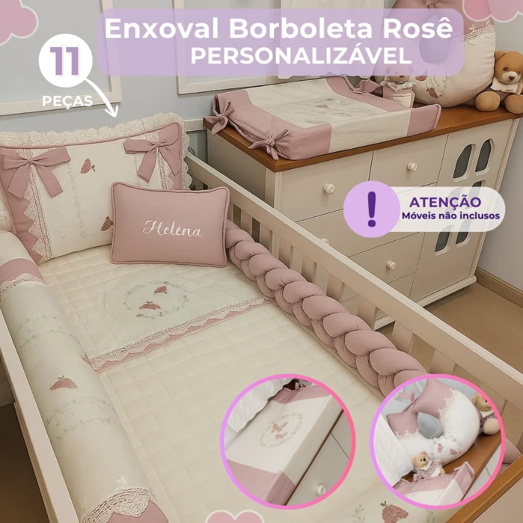Kit Enxoval Americano Completo Borboleta Encantado Rosê Personalize Nome do Bebê Menina