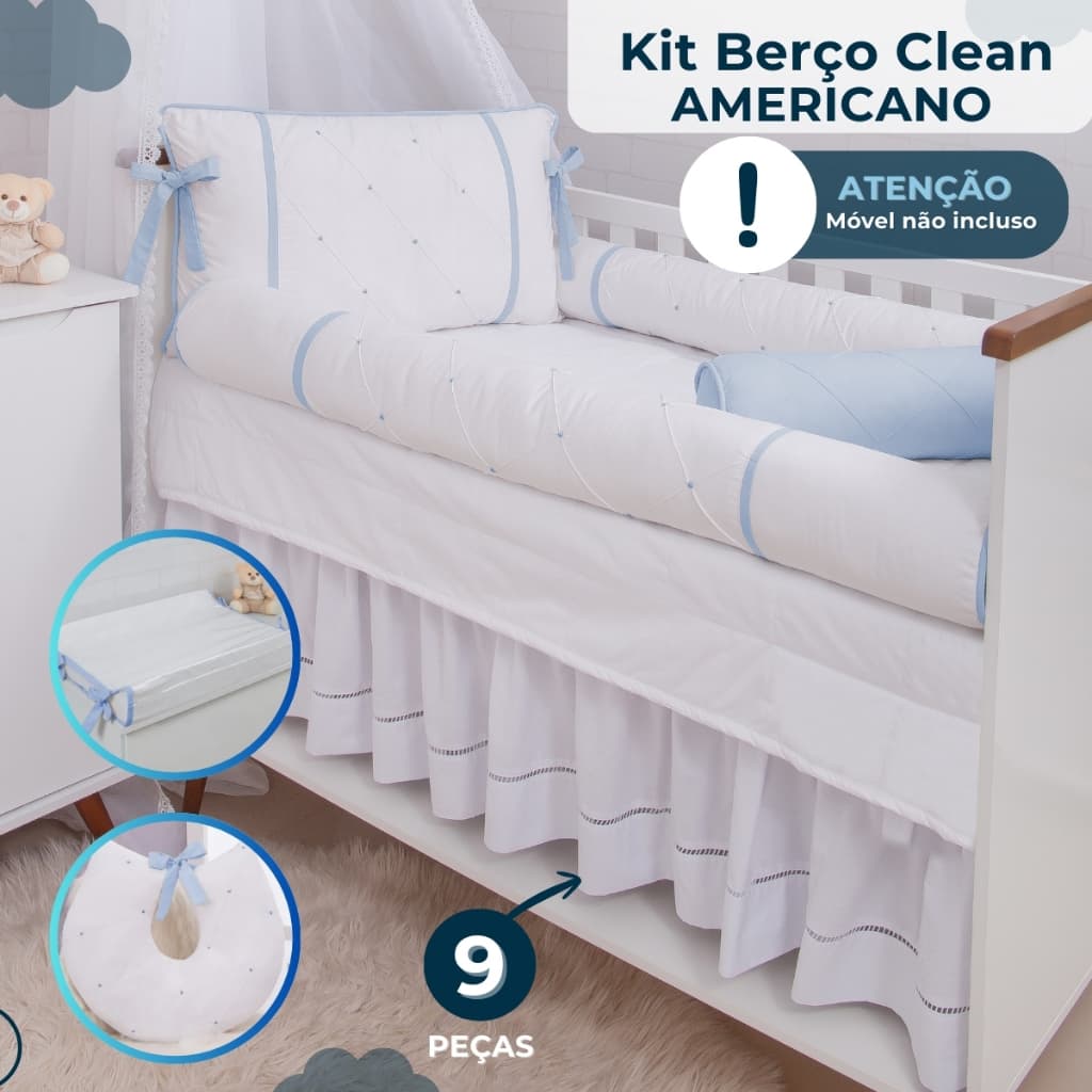 Kit Enxoval Berço Americano Clean Luxo Algodão Percal 200 Fios Com Almofada Amamentação Bebê