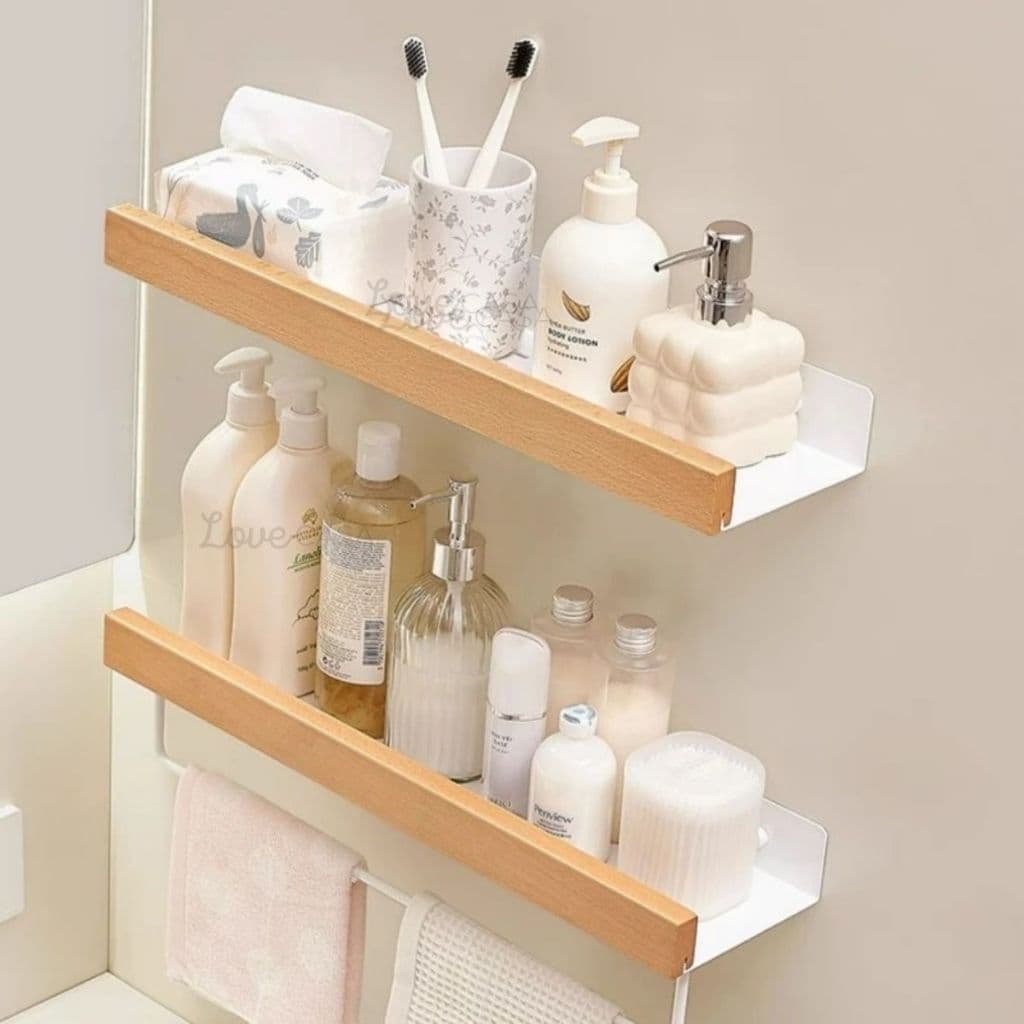 Suporte Parede Banheiro Cozinha Shampoo Aluminio Madeira Organizador Prateleira Adesivo