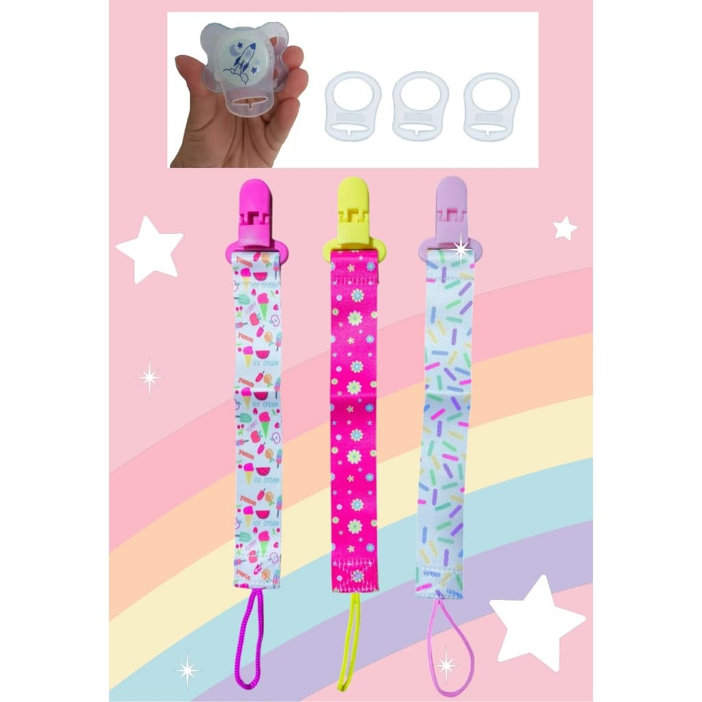 Kit 3 prendedores de chupeta com 3 anéis silicone adaptador chupeta sem alça Mam Nuk
