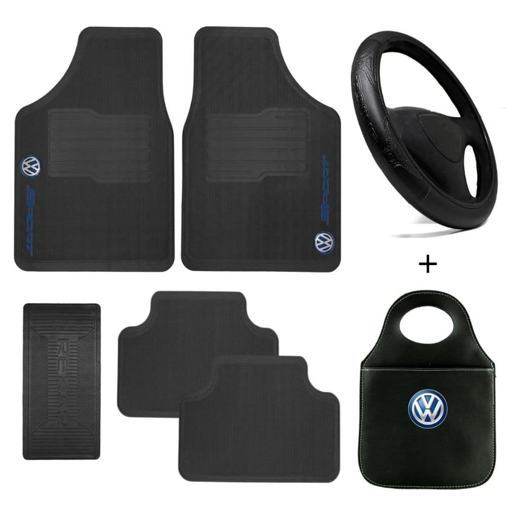 Kit Jogo Tapete Automotivo Volkswagen + Capa Volante + Lixinho Automotivo Couro Sintético Volkswagen