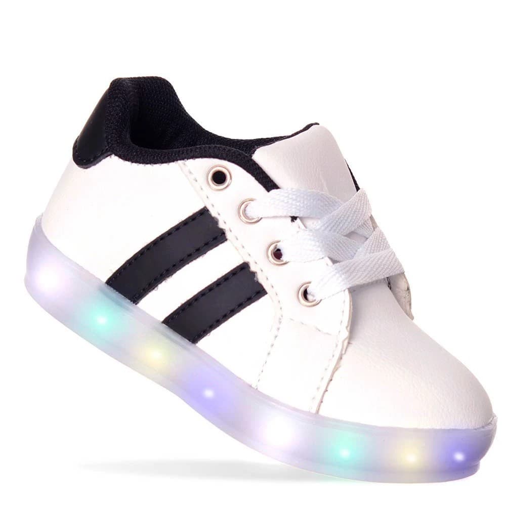 Tênis Led Infantil Unisex Branco Preto  com Led Luz Colorida Moda Casual Branco com Listras Preto Macio e Confortavel