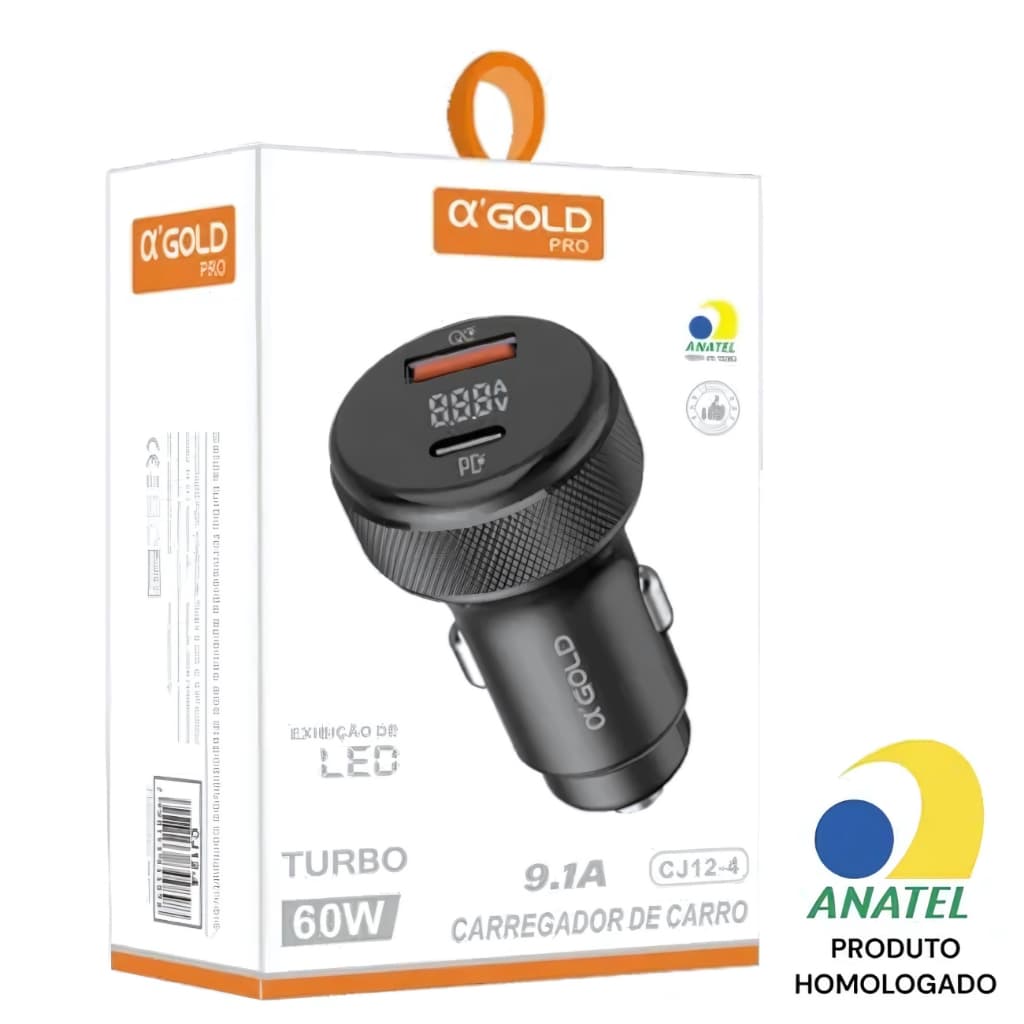 Carregador Veicular Turbo Rápido 60W com Saída USB-C PD e USB-A QC para Carro CJ12-4