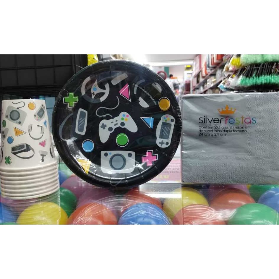 Kit Festa Decoração Gamer Videogame Jogos Controle - Copo 250ml, Prato Sobremesa e Guardanapo