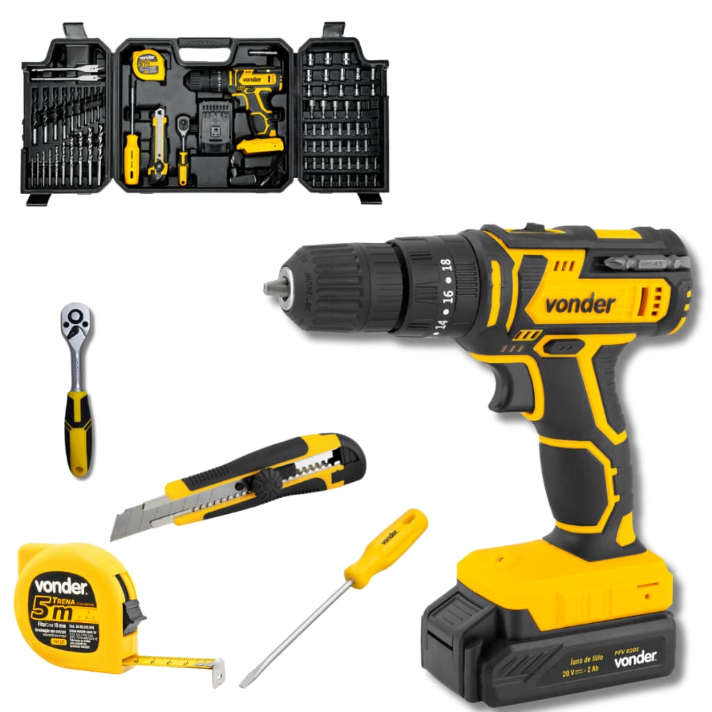 Kit Completo Profissional Parafusadeira Furadeira Vonder 20V Bivolt Automática + 78 Acessórios