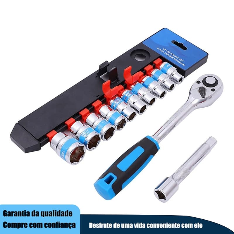 Jogo De Soquete Sextavado 1/2 Catraca 12 Peças 8 a 24mm Salvar Trabalho Com Extensão