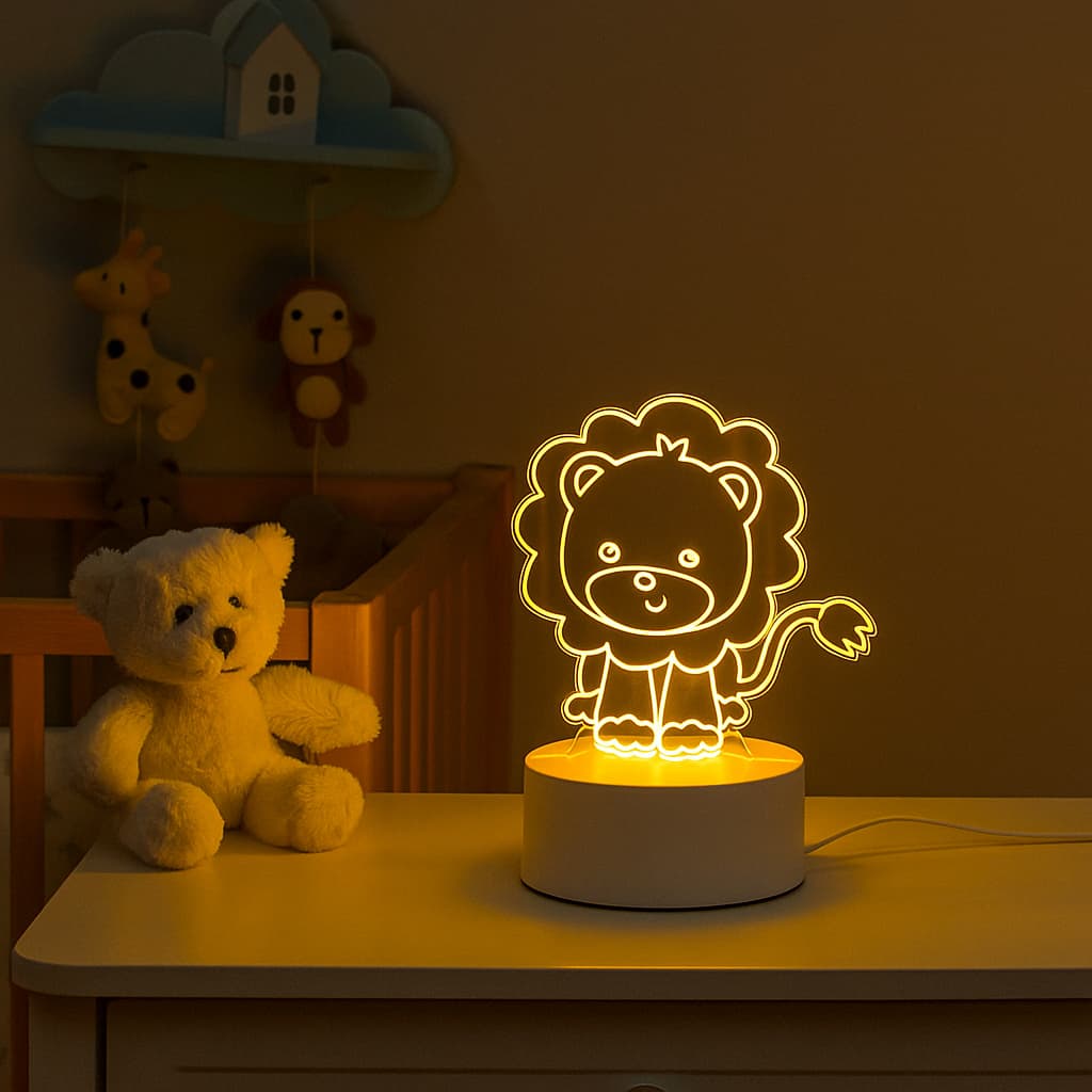 Luminária Infantil Safari 3D LED — Leão, Macaquinho, Girafa — Decoração Fofa e Aconchegante