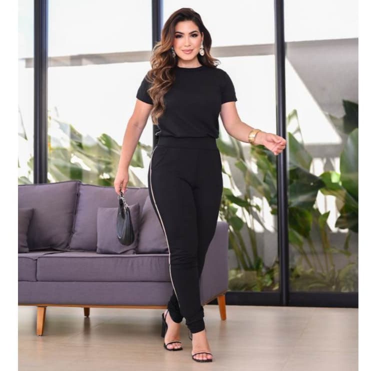 Conjunto Feminino Sofisticado Blusa E Calça em Moletinho Premium com Listras Academia Esporte Fitness Roupa Feminina