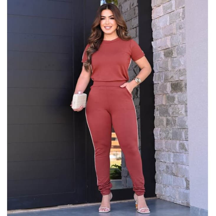 Conjunto Feminino Casual Blusa Calça Sofisticado Moletinho Premium com Listras Academia Fitness Elegante Roupa Feminina
