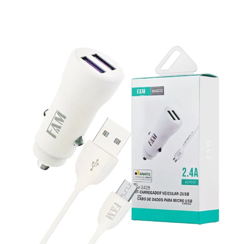 Kit Carregador Veicular FAM 2USB com Cabo Micro USB V8 Carregador Rápido