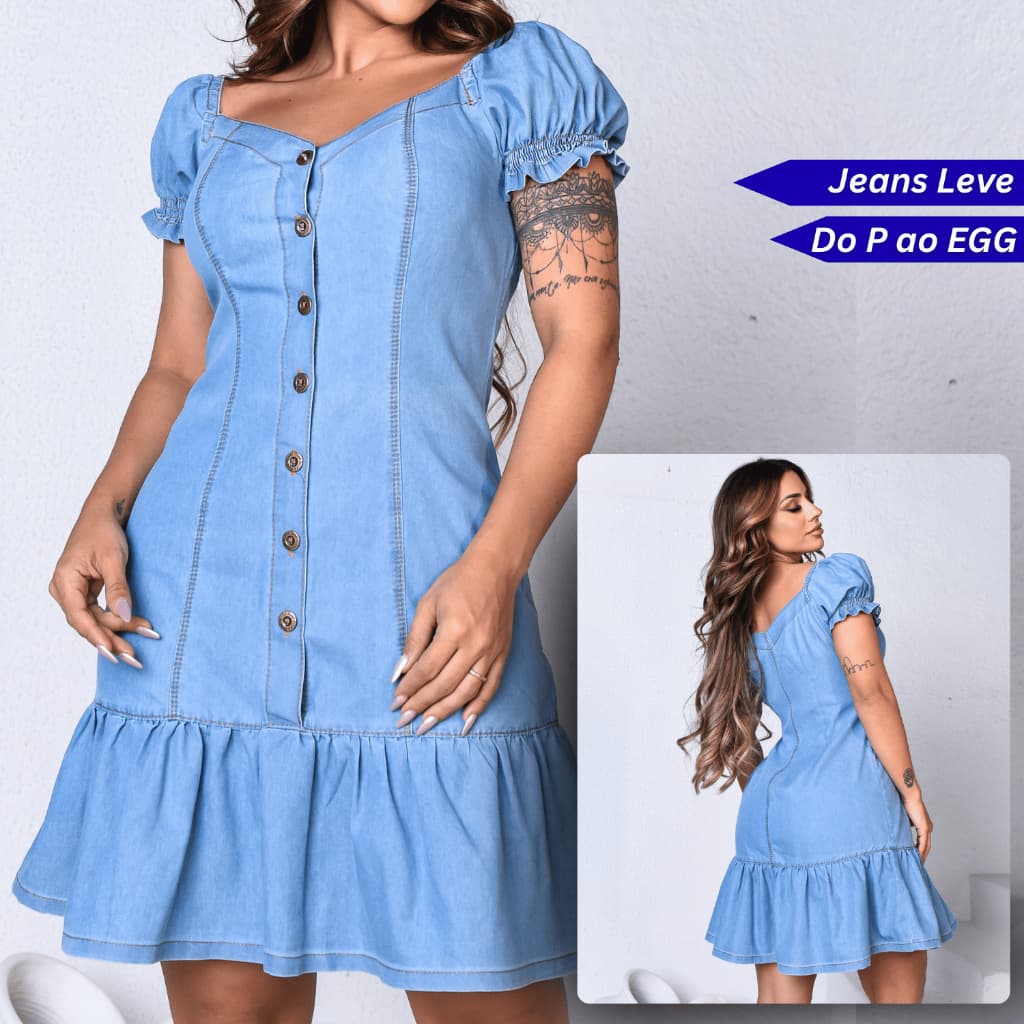 Vestido Jeans Feminino Manga Bufante Peplum Moda Blogueira Verão Premium
