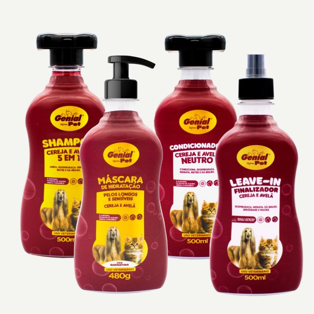 Kit Shampoo Condicionador Mascara de Hidratação e Leave in Para Cães e Gatos Cereja e Avelã 500ml