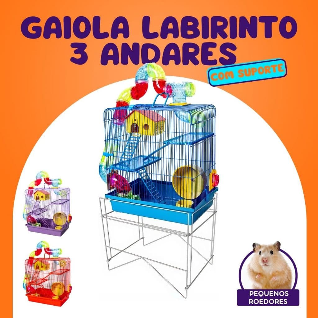 Gaiola De Hamster 3 Andares Com Casinha Roda Tubos Labirinto Kit Com Suporte Para Gaiola