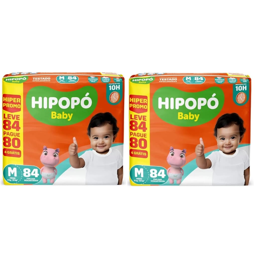 Kit 2 pcts Fralda Hipopó Baby Hiper M 84un cada - Total 168un