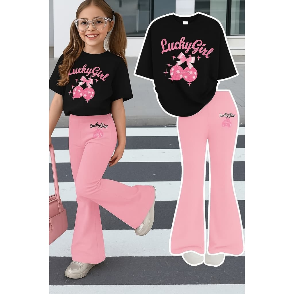 Conjunto Infantil Calça Flare Moletom+Camiseta Estilo Descolado Lucky Girl