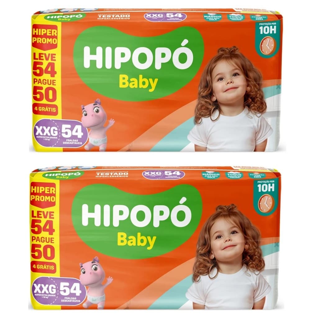 Kit 2 pcts Fralda Hipopó Baby Hiper XXG 54un cada - Total 108un