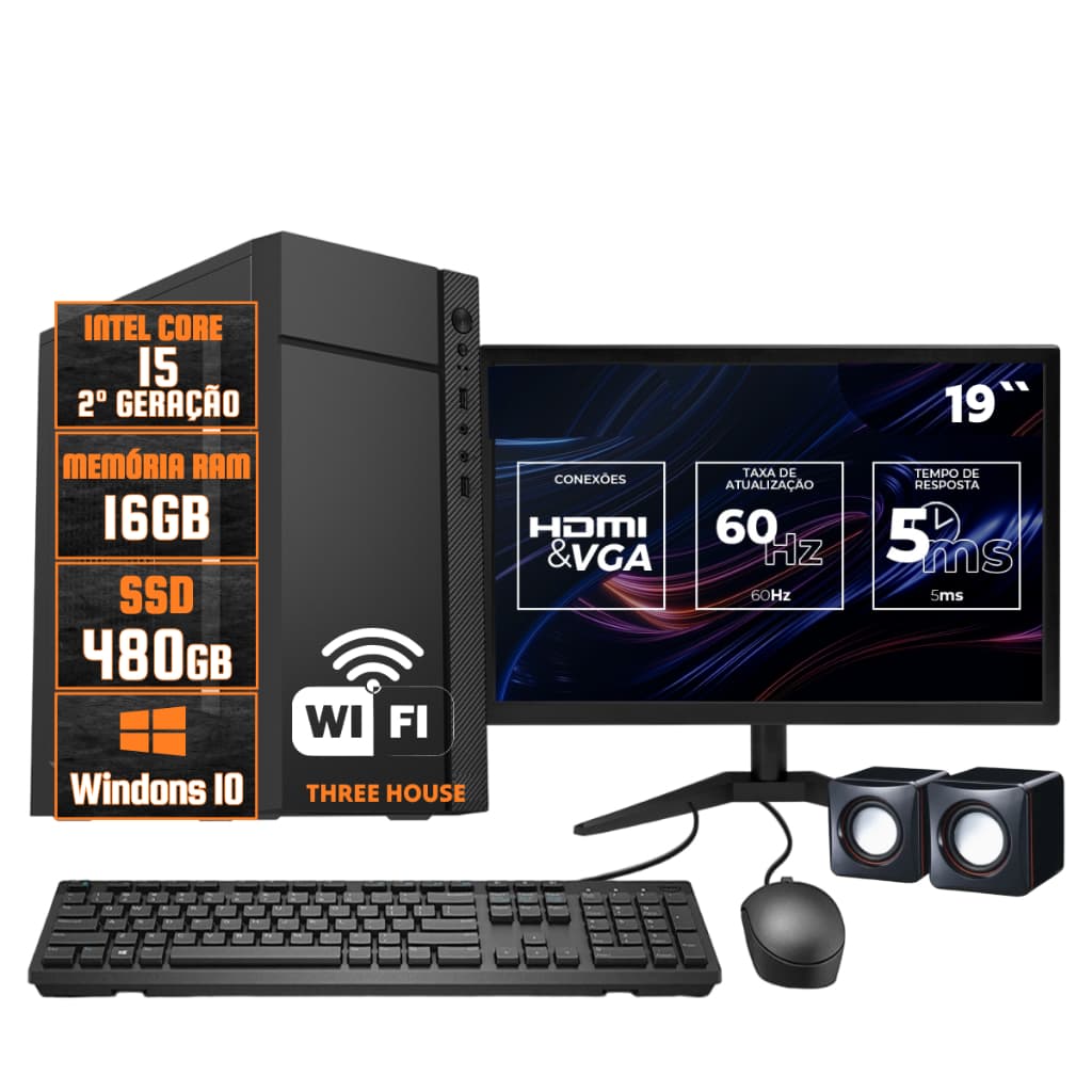 Computador Home Intel Core I5,16Gb de Ram, Ssd 480gb, Completo com Monitor 19", Teclado, Mouse, Caixa de Som, Wifi