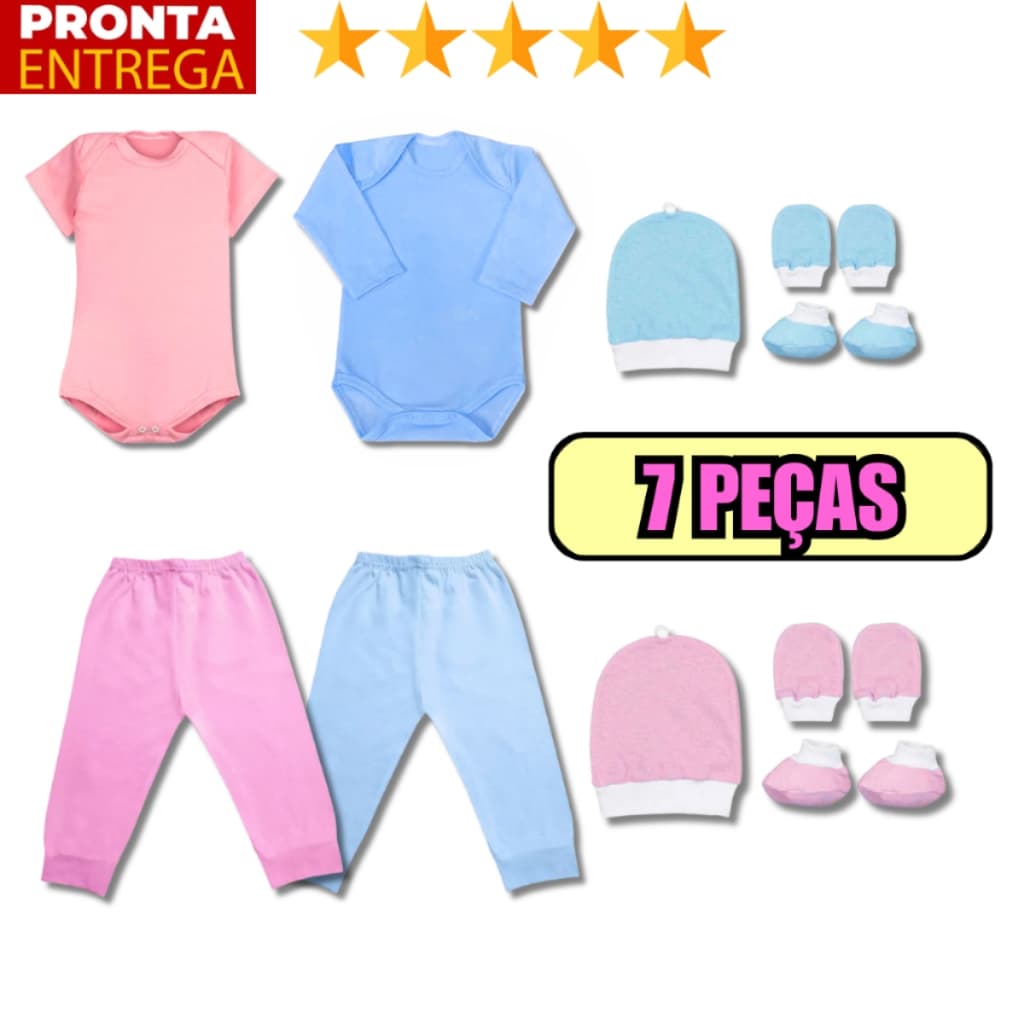 Kit 7 Peças Body Mijão Touca Luvinha Meia Enxoval Bebê Cor Lisa