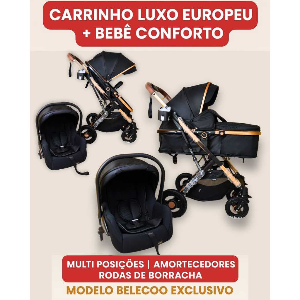Carrinho De Bebê Europeu Luxo 3 em 1 com Amortecedor Moisés Berço + Bebê Conforto, até 35kg + brinde