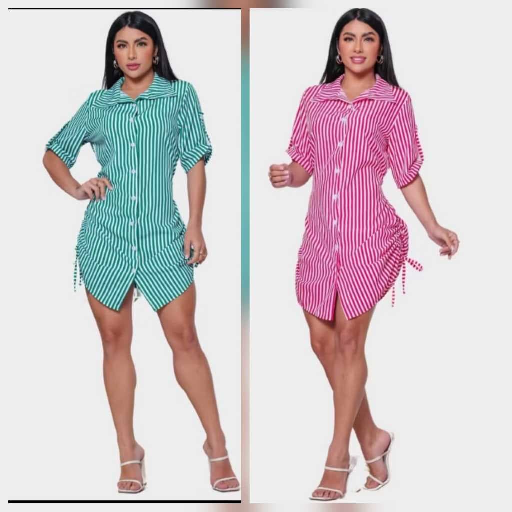 Kit 2 Vestido Feminino Chemise Feminino Social Listrado Curto Manga Curta com Botões e Ajuste na Cintura