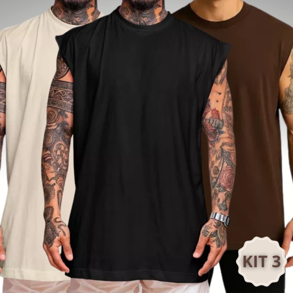 Kit 3 Regatas Masculinas Oversized Lisa Larga Academia Musculação Treino 100% Algodão