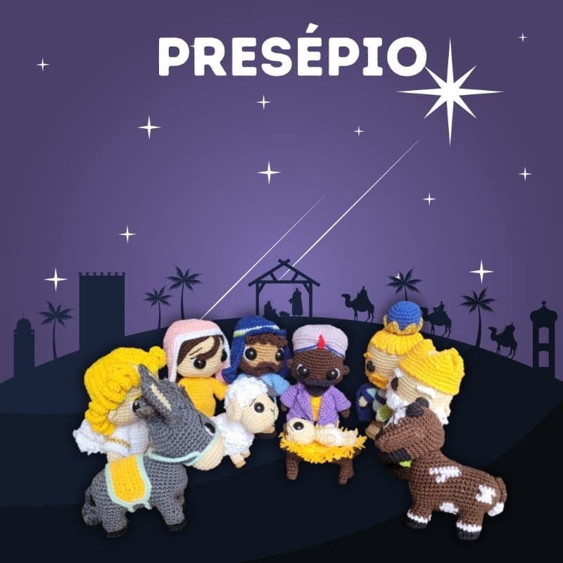 Presépio De Crochê Amigurumi Artesanal – Kit Completo com Animais 10 Peças Natal (17 cm)