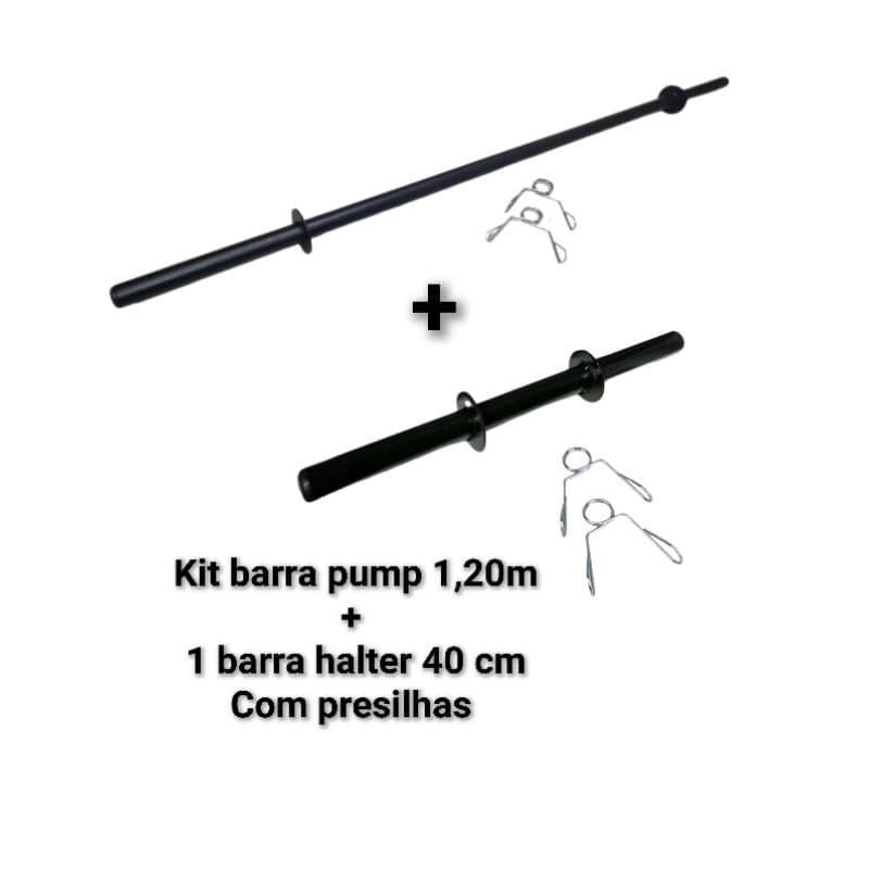 Kit barra reta pump 1,20m + 1 barra 40 cm avulsa halter com presilhas musculação academia funcional
