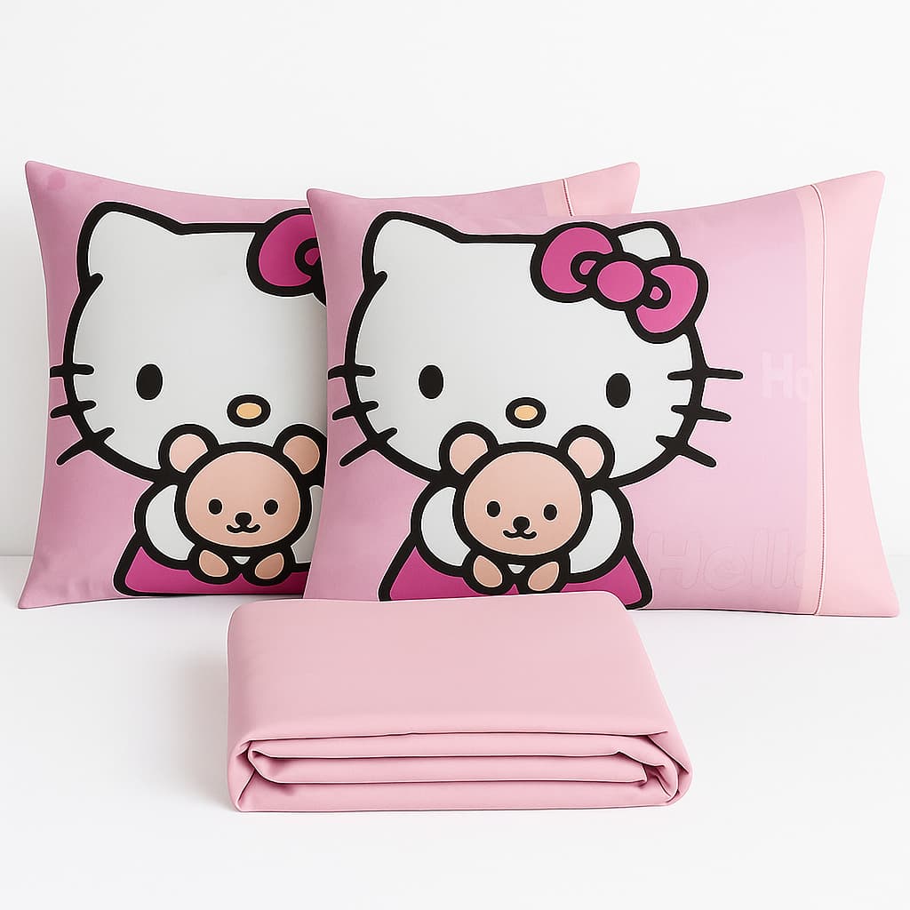 Jogo de Lençol com elástico e Fronha Ponto Palito 3 peças Casal/Queen/King  Hello Kitty Toque Macio