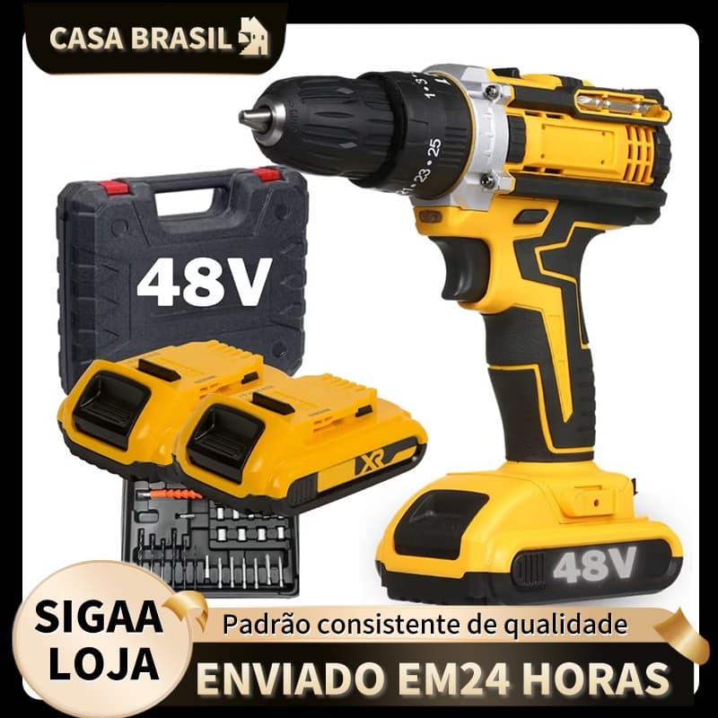 Parafusadeira 48V Recarregável Kit Profissional 2 Baterias, Maleta e Acessórios Completos
