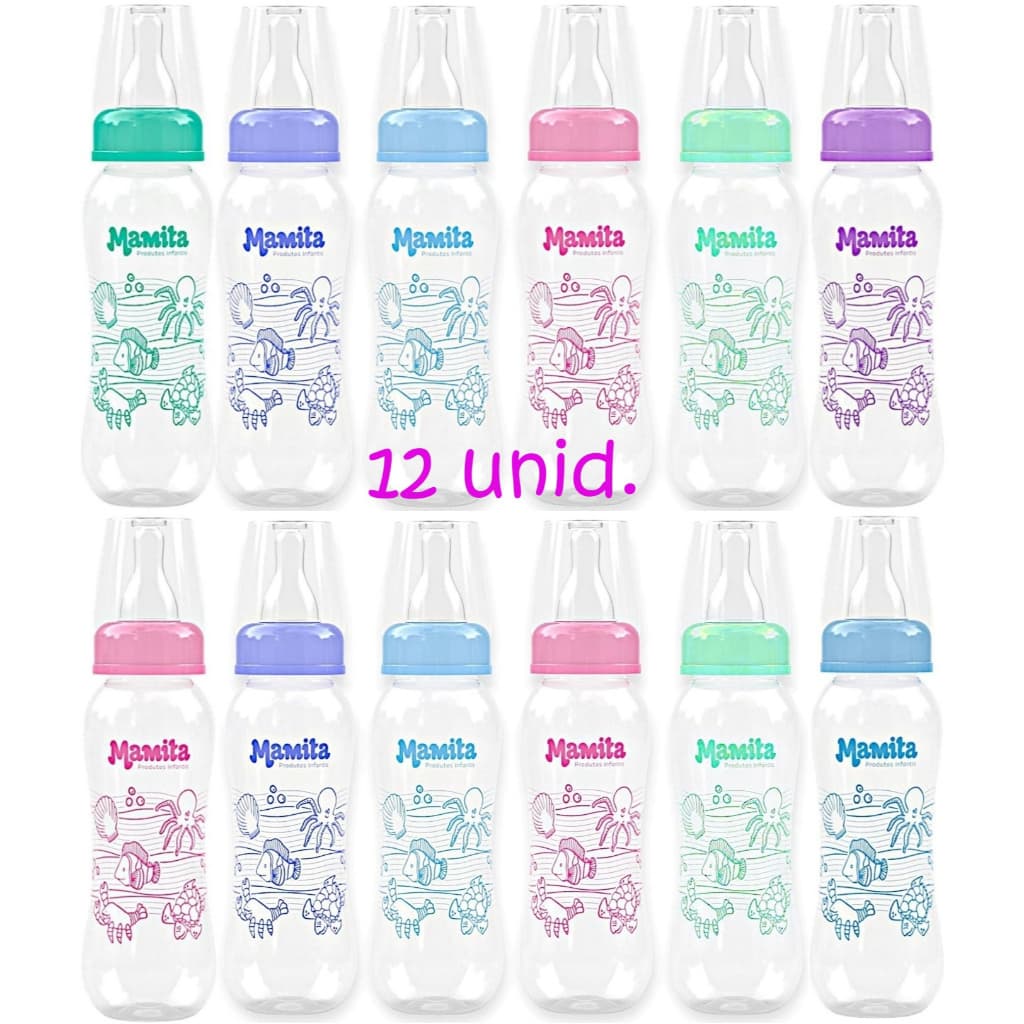 Kit 12 Mamadeiras 240ml Decorada Bico Silicone BPA Free Atóxico C/ Inmetro Bebê Menino Menina Mamita