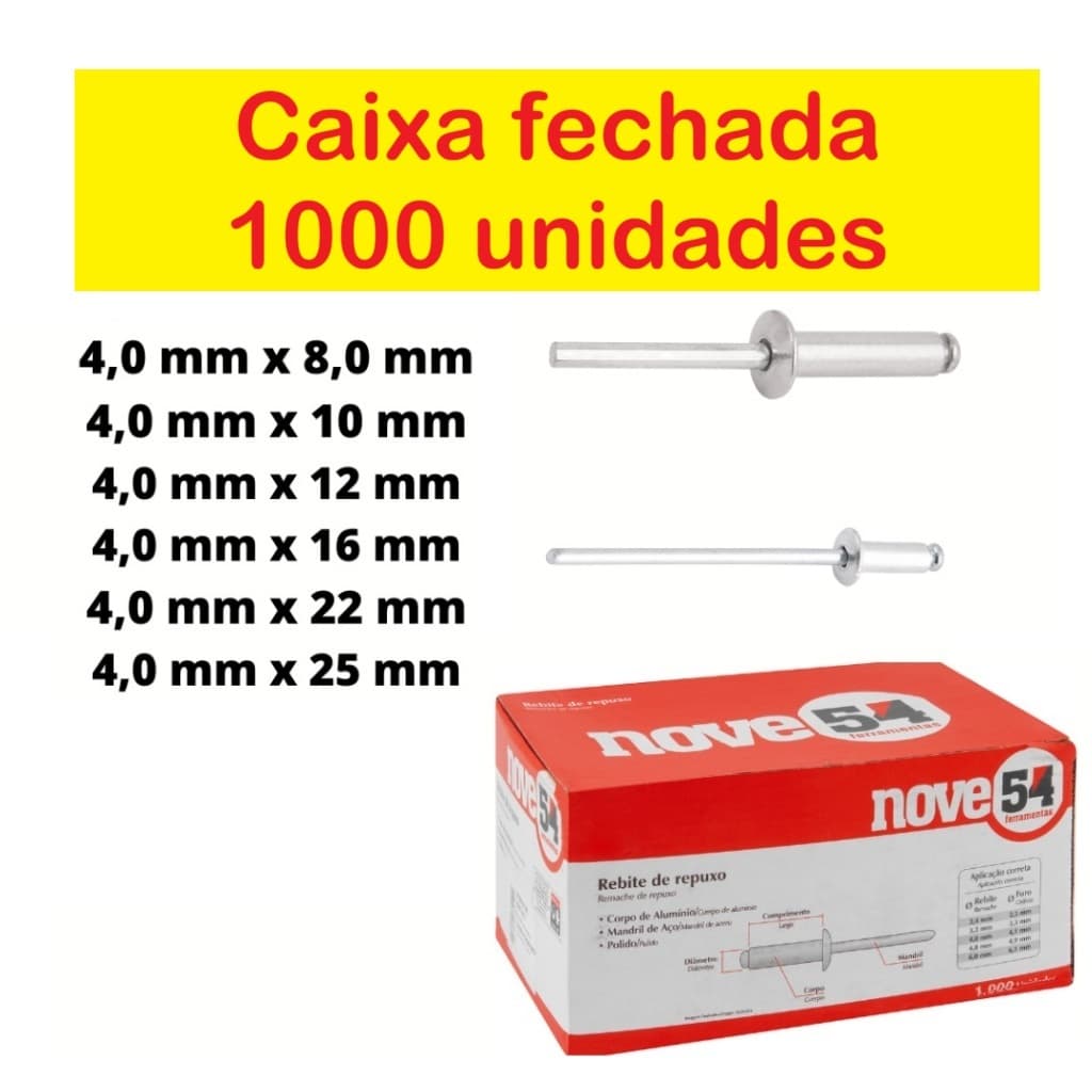 Rebite de repuxo Pop Alumínio 4,0 mm caixa fechada com 1.000 peças - NOVE54