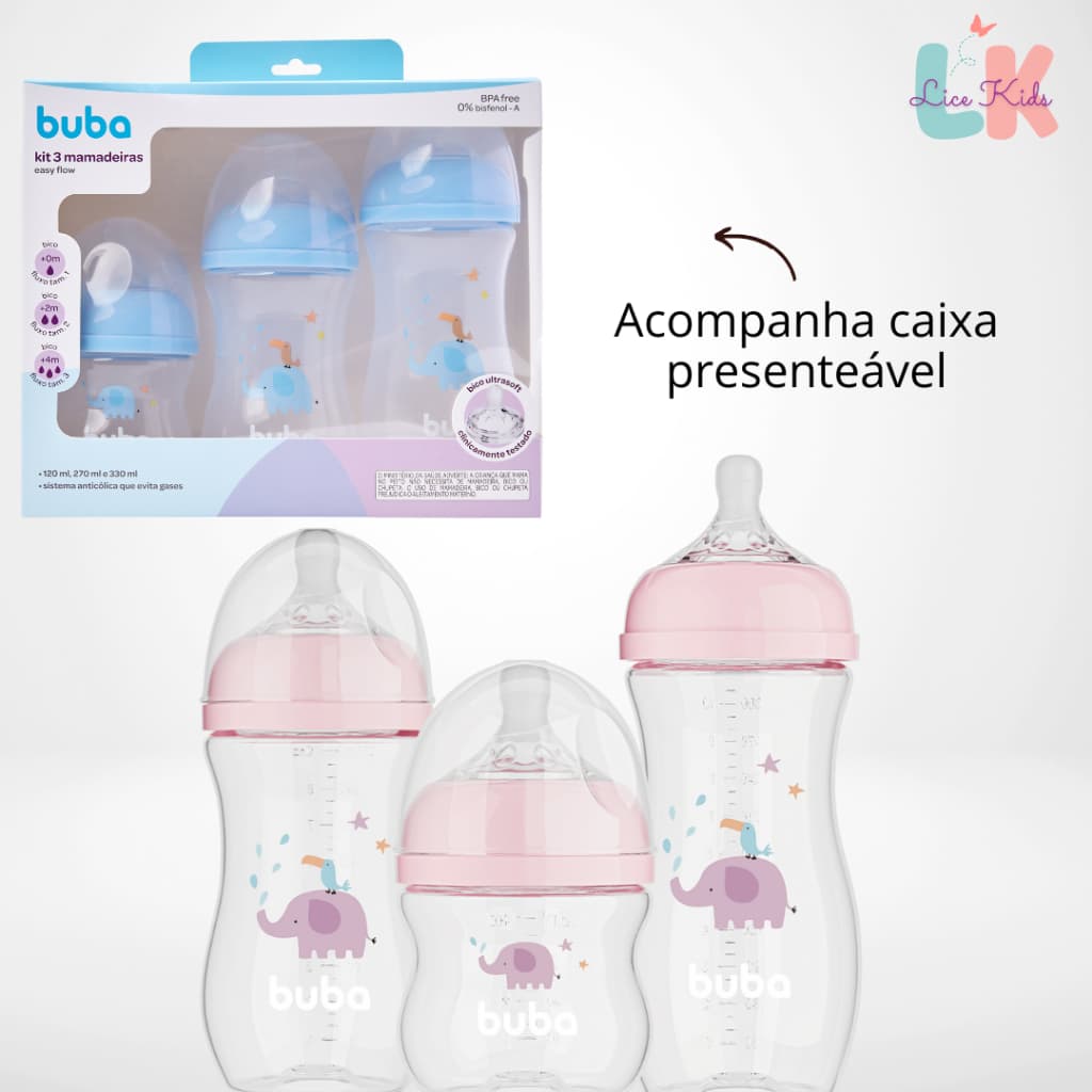 Mamadeiras Buba Easy Flow Elefante Anticólica Com Caixa 120, 270 e 330ml Rosa ou Azul