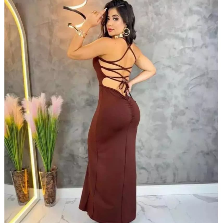 VESTIDO FEMIMINO LONGO VESTIDO ELEGANTE COM COSTAS NUAS TRANCADAS FENDA LATERAL VESTIDO ALCINHA
