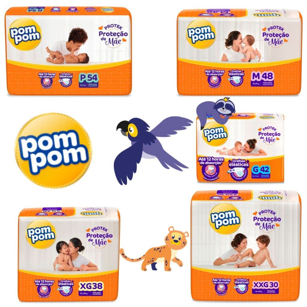 Pom Pom Fralda Infantil Descartável Ajustável Derma Protek Mega Cuidado do Bebê P M G XG XXG