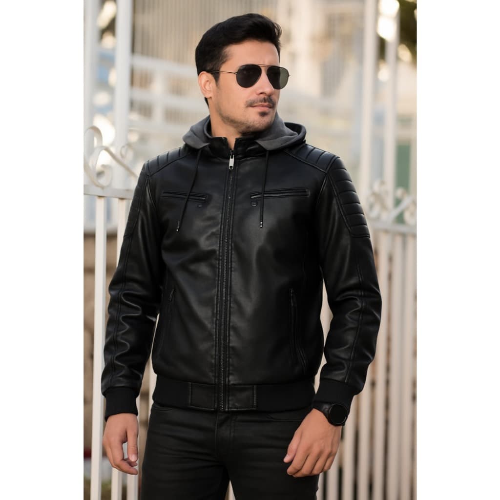 jaqueta de couro masculino de krayani com capus moletom
