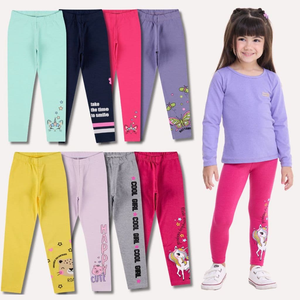 Kit Sortido 3 ou 6 Calças Leggings de Cotton para Meninas Legging Bebê Menina Feminino Com Estampas