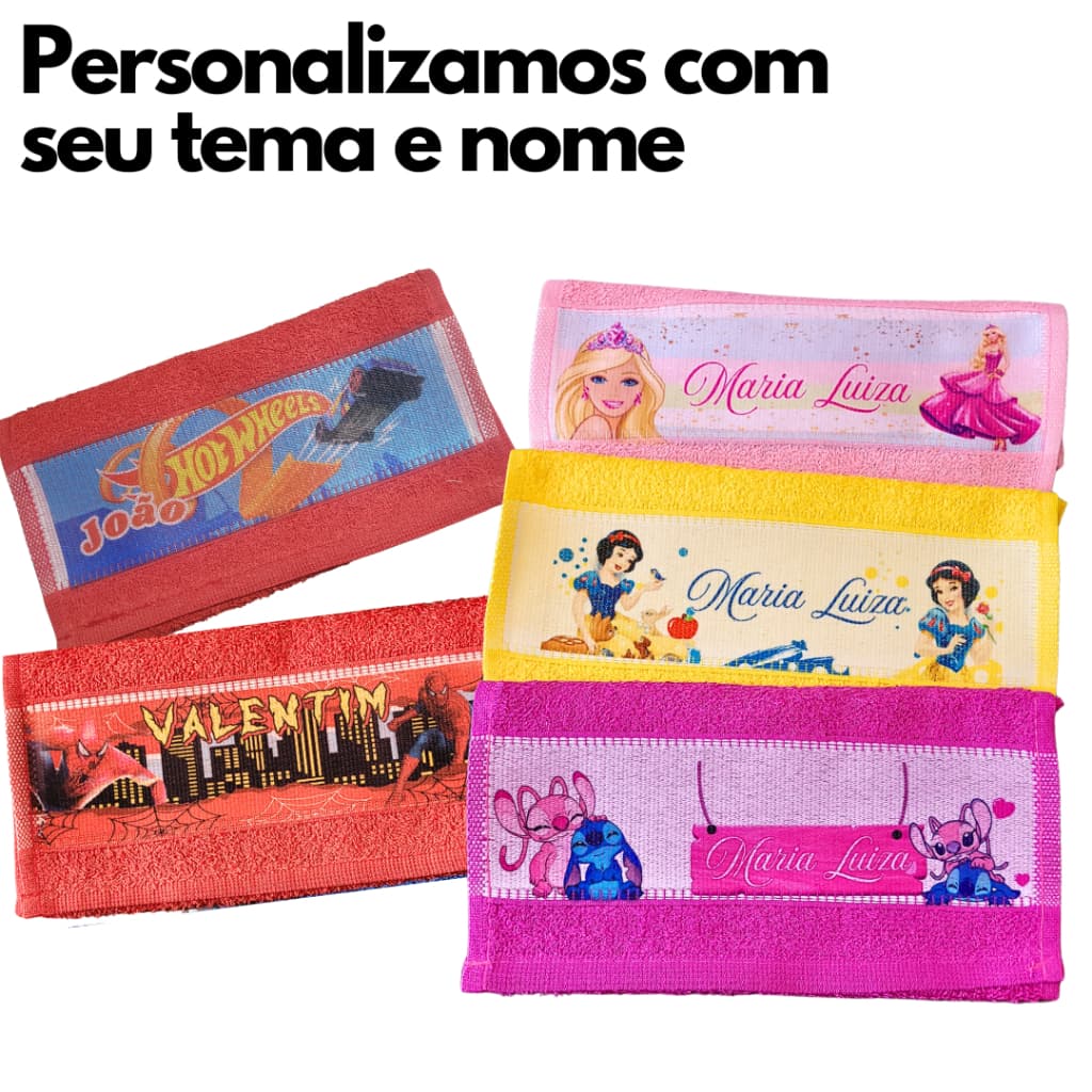 Kit 5 toalhas de boca Toalhinha personalizada com nome e tema bebê infantil escolar lembrancinha
