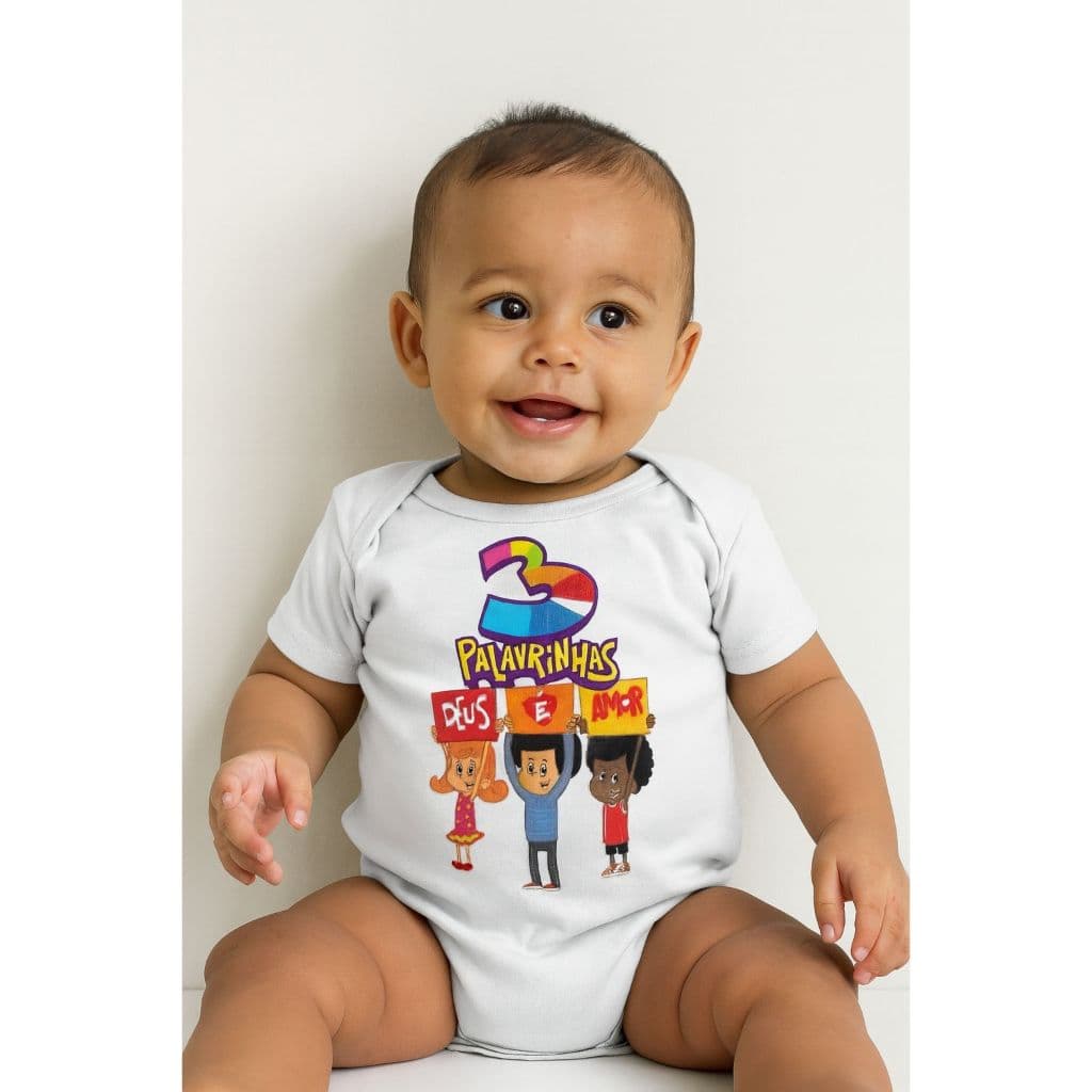 Body Bebê 3 Palavrinhas Fantasia Gospel Roupa Infantil Menino Menina Mesversário Ensaio Festa