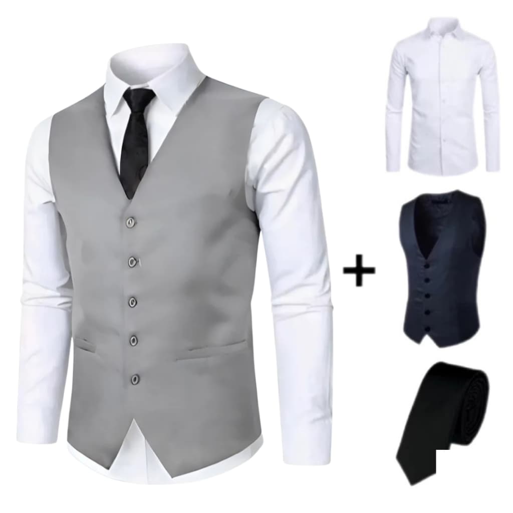 Kit Colete Social Slim + Camisa Masculina Confort P/ Eventos + Gravata Tradicional