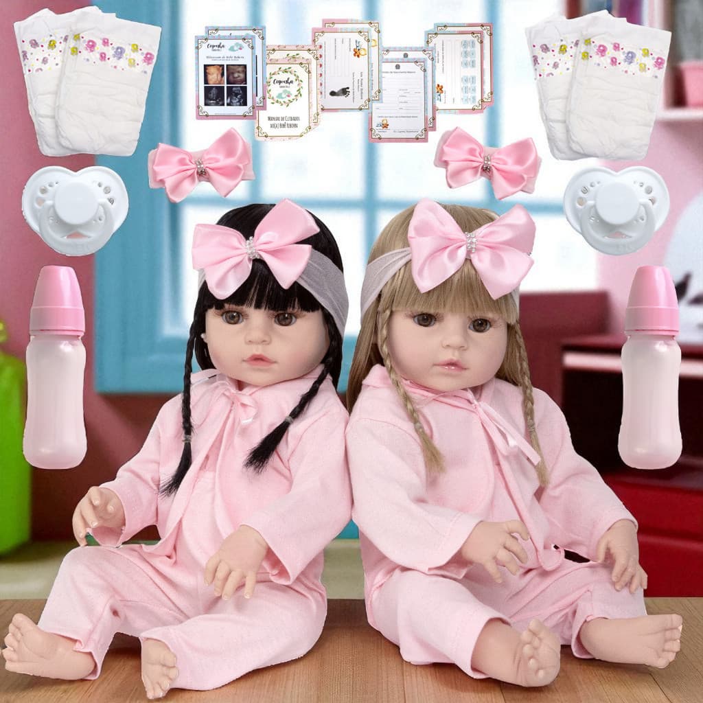Kit 2 Bonecas Bebê Reborn Gêmeas Meninas 46cm 100% Silicone Realistas Loira Morena Articuladas Pode Dar Banho Acessórios