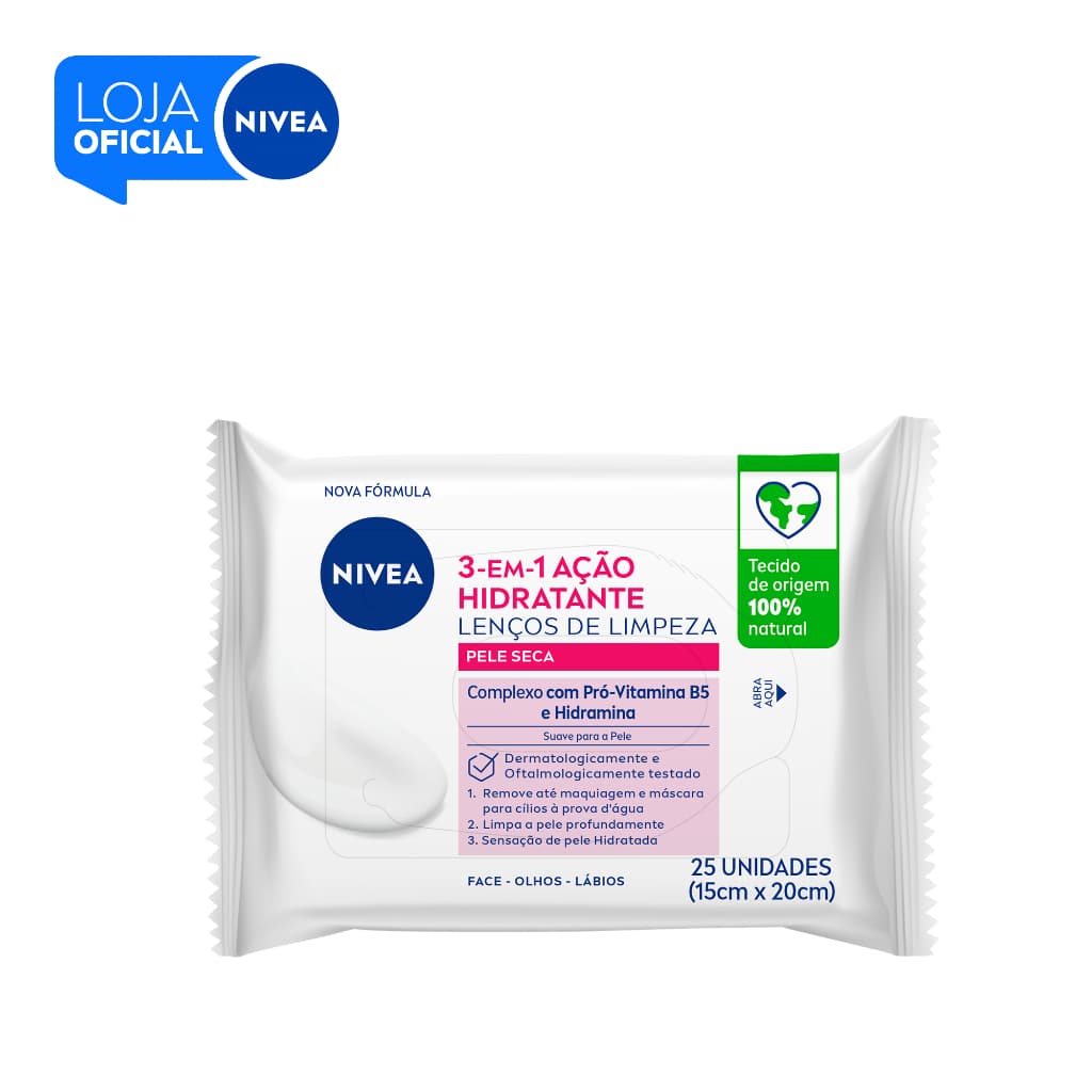 NIVEA Lenços de Limpeza Facial Ação Hidratante 3 em 1 - Pacote com  25 Unidades