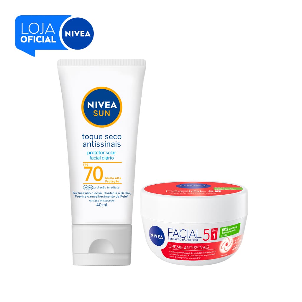 KIT NIVEA Creme Facial Antissinais 100g + Protetor Solar Facial Toque Seco Antissinais FPS 70 Sun 40ml