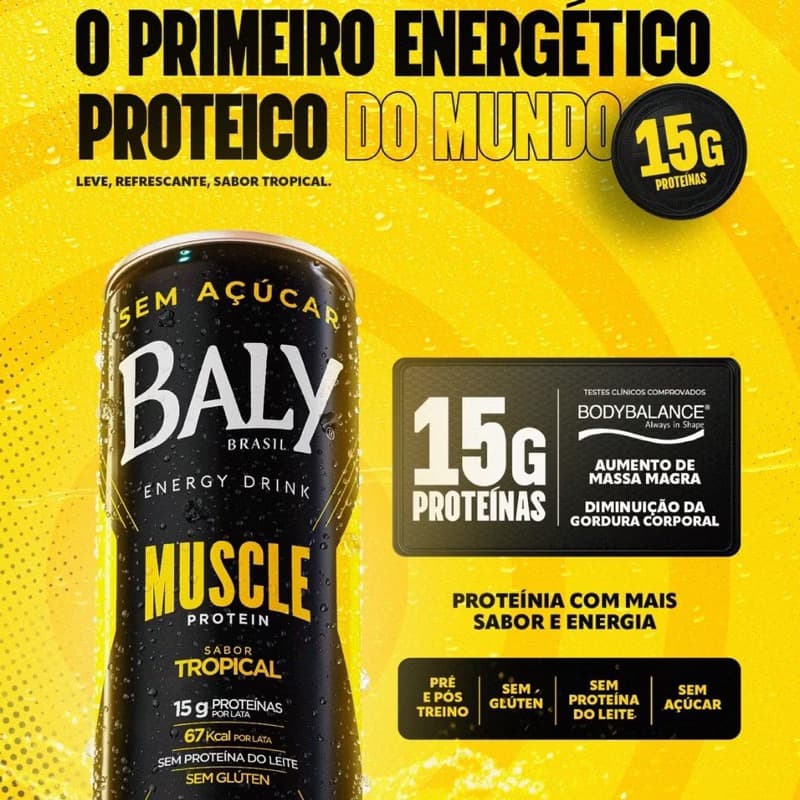 Energético Baly Muscle Kit Protein 15g Proteína 250ml Tropical Pré e Pós Treino Zero Açúcar Glúten Lactose Carboidratos